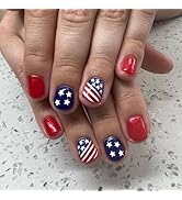 4th of July Press on Nails Square Short Fake Nails Star False Nails Glossy Full Cover Acrylic Nai...