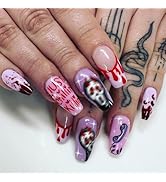 Halloween Press on Nails Medium Coffin Fake Nails Blood False Nails with Design Cute Ghost Glue o...