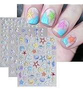 3Pcs Ocean Nail Stickers for Nail Art 5D Embossed Fishtail Shells Jellyfish Starfish Nail Decals ...
