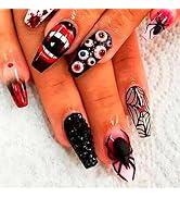 Halloween Press on Nails Long Coffin Fake Nails with Designs Scary Eye Spider Web Bloody Glue on ...