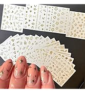 30 Sheets Gold Nail Art Stickers Gold Flower Butterfly Nail Stickers Star Line Self-Adhesive Nail...