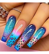 Long Coffin Press on Nails French Fake Nails with Leopard Print Designs Blue Gradient Acrylic Fal...