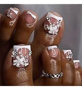 Press on Toenails French Tip Fake Toe Nails 3D Pearl White Flowers False Toenails Full Cover Shor...