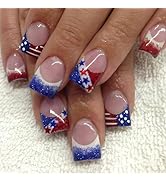 24Pcs 4th of July Press on Nails Short Square Nails French Tip Fake Nails with Glitter Designs Ju...