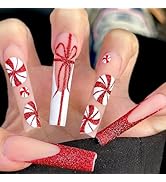 Christmas Press on Nails Long Coffin Fake Nails Red Glitter Ribbon Full Cover False Nails French ...