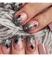 24Pcs Halloween Press On Spider Nails - Short Square Glitter Tips with Designs, Full Cover, Gloss...