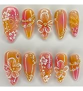 24Pcs Flower Press on Nails Medium Almond Fake Nails 3D Floral with Gold Pearl Rhinestones Glitte...