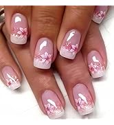 Pink Press on Nails with Floral, Acrylic Fake Nails Coffin French Press ons Artificial Full Cover...