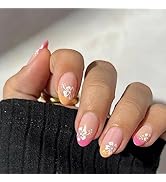Press on Nails Almond False Nails Full Cover with Flower Designs Acrylic Nails Short French Tip S...