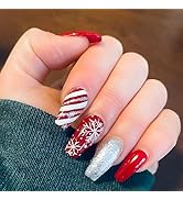 Christmas Press on Nails Medium Square Fake Nails Snowflake False Nails Red White Stripes Glossy ...
