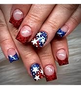 24Pcs Fourth of July Press on Nails Short Square Nails Independence Day Fake Nails with Red Blue ...