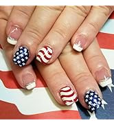 4th of July Press on Nails Short Square French Tip Fake Nails Red Blue Star Stripe Design Indepen...