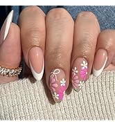 LPOODDNU Medium Press on Nails Almond Shape Fake Nails Full Cover Daisy Flowers Press in Nails Wh...