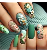 24Pcs Green Press on Nails Medium Square Fake Nails with Designs Reusable Spring Flower False Nai...