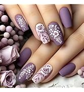 24Pcs Medium Coffin Press on Nails Purple Fake Nails with Flower Designs Cute Glue on Nails Full ...