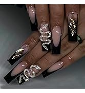 Long Square Press on Nails Black Fake Nails French Tip Glue on Nails Rhinestone Snake Charm False...