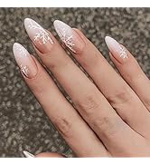 24Pcs Christmas Press on Nails Short Almond False Nails Nude Acrylic Nails with Snowflake Designs...