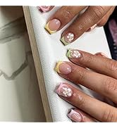 24Pcs White Hibiscus Flower Press on Nails Short French Tip Fake Nails Summer Cute Acrylic Square...