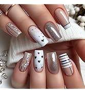 Valentine Glitter Press on Nails French Tip Fake Nails with Designs Heart Glue on Nails Medium Sq...