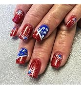 24pcs 4th of July Press on Nails Short Square Independence Day Fireworks Fake Nails American Flag...