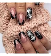 Christmas Nails Black French Tip Press on Nails Glitter Fake Nails Medium Square False Nails with...