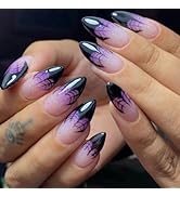 Halloween Press on Nails Almond Medium Fake Nails Purple Black French Gradient False Nails with D...