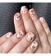Halloween Press on Nails Short Square Fake Nails Nude Pink False Nails with Designs Cute Ghost Pu...