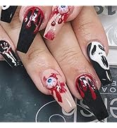 Halloween Press on Nails Coffin Medium Length Fake Nails Black False Nails with Designs Evil Eye ...