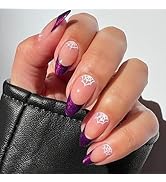Halloween Press on Nails Medium Almond Fake Nails Purple French False Nails with Designs Spider W...