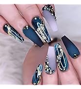 Long Press on Nails Navy Blue Coffin Fake Nails French Marble False Nails with Glitter Designs Rh...