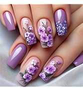 Flower Press on Nails Medium Length Fake Nails Purple Acrylic Nails Glossy Full Cover Spring Fals...