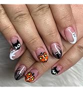 Halloween Press on Nails Short Almond Fake Nails Nude False Nails with Designs Cute Ghost Cat Bat...