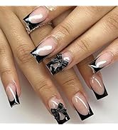 24pcs Black French Tip Press on Nails Medium Square Fake Nails with Design and Black Bow - Glue o...