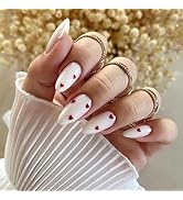 Valentines Day Press on Nails Mediun Almond Glue on Nails White Full Cover Nails Press ons Red He...