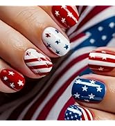 4th of July Press on Nails Short Square Fake Nails with American Flag Star Designs Blue Red False...
