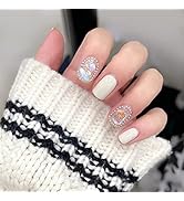 Apictseoo 24 Pcs Press on Nails Short, White Glossy Glittering Rhinestones Bead Chain French Tips...