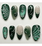 24Pcs Dark Green Press on Nails Medium Almond Fake Nails Silver Star with 3D Leaf Glossy Stick on...