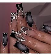 MISUD Press on Nails - Long Square Fake Nails with Goth Black French Tip, Acrylic Gothic Cross De...