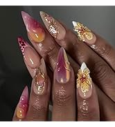 Medium Press on Nails Almond Fake Nails with 3D Flower Water Ripple Design Glue on Nails Leopard ...
