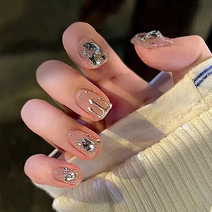 French long crystal shiny broken diamond square glitter fake press on nail set
