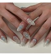3D Summer Blue Press On Nails, Medium Almond Shape, 24pcs Fake Nails with Glue, Lemon Flower Bow ...