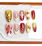 30Pcs Fall Almond Press on Nails Medium French Tip Fake Nails Autumn Maple Leaf False Nails with ...