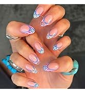 French Tip Press on Nails Medium Almond Fake Nails with Designs Colorful Flower Acrylic False Nai...