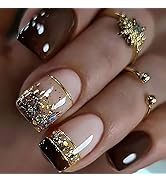 Brown French Tip Press on Nails Short Brown Fake Nails Gold Foil Glitter False Nails Square Gloss...