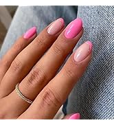 Pink Press on Nails Short Oval Fake Nails with Glitter Designs French Tip Nails Press ons Glossy ...