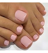 Solid Color Pink Press on Toenails for Women, Glossy Fake Toenail Press ons Short Square Acrylic ...
