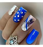 24Pcs Blue Bling Rhinestone Press on Nails Medium Square Fake Nails with Flower Designs Silver Gl...
