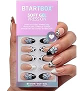BTArtbox Press On Nails Medium - 3D Flower Almond French Tip Press On Nails with Glue for Women, ...
