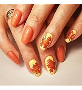 24Pcs Maple Leaf Press on Nails Thanksgiving Press ons Fingernails Glossy Brown Medium Almond Fal...