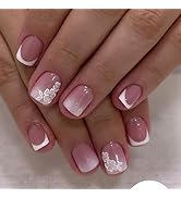Short Square Press On Nails White Nude Gradient False Nails with White Silver Flowers Acrylic Pre...